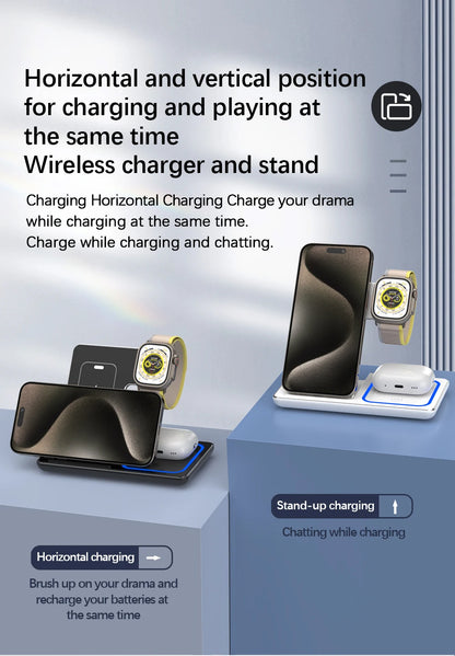 Fast Wireless Charger Stand 3 in 1 30W LED Foldable Charging Station For iPhone 15 14 13 12 11 Apple Watch 9 8 7 6 5 Airpods Pro