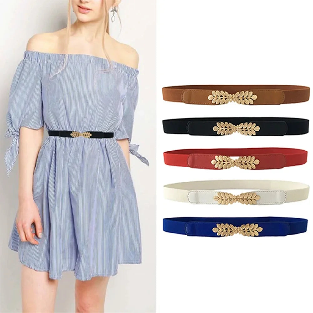 Fashion Leaf Waistbands Stretchy Lady HOT Elastic Cummerbunds for Women Dark Blue Belt Dress Gold Double Metal Buckle Waistband