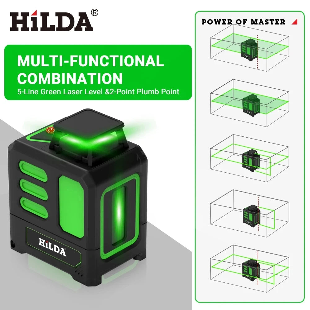 HILDA 2/5 Lines 360 Automatic Leveling Level Construction Tool Equipment Green Light Cross Laser Level