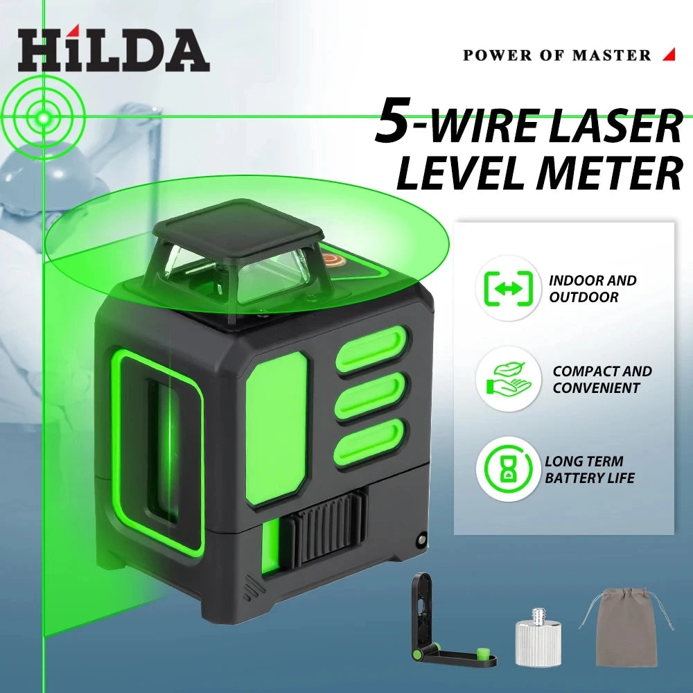 HILDA 2/5 Lines 360 Automatic Leveling Level Construction Tool Equipment Green Light Cross Laser Level