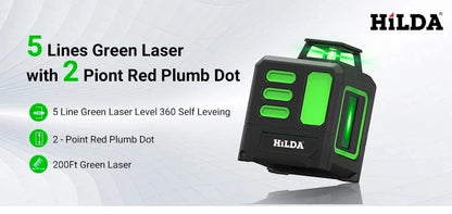 HILDA 2/5 Lines 360 Automatic Leveling Level Construction Tool Equipment Green Light Cross Laser Level