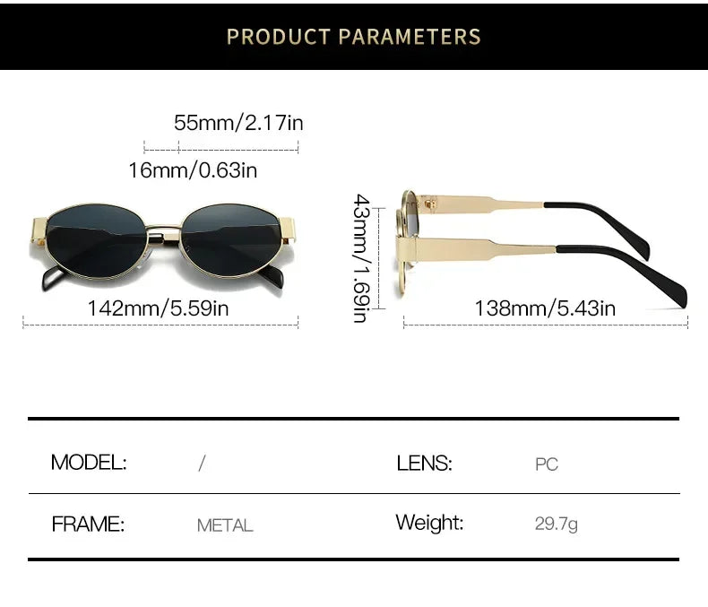 NEW Oval Sunglasses for Women, Metal Frame Sunglasses, Luxury Brand, Classic and Round