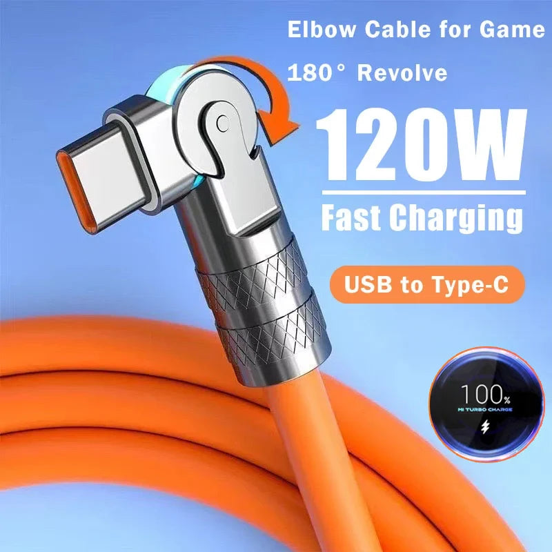 Fast Charge Usb Type C 120w 6A  Data Cable 180 Degree Rotating Gaming Elbow Cable For Xiaomi Mobile Phone Charger Usb Data Cable