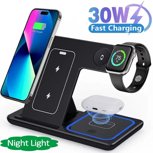 Fast Wireless Charger Stand 3 in 1 30W LED Foldable Charging Station For iPhone 15 14 13 12 11 Apple Watch 9 8 7 6 5 Airpods Pro