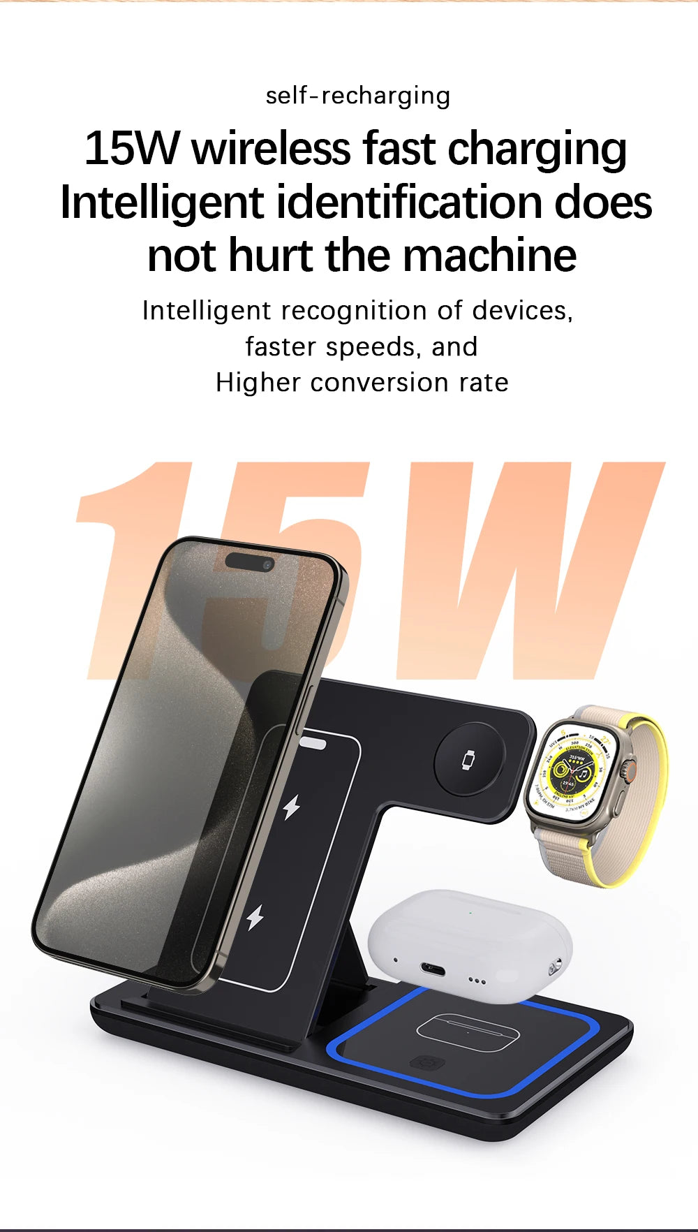 Fast Wireless Charger Stand 3 in 1 30W LED Foldable Charging Station For iPhone 15 14 13 12 11 Apple Watch 9 8 7 6 5 Airpods Pro