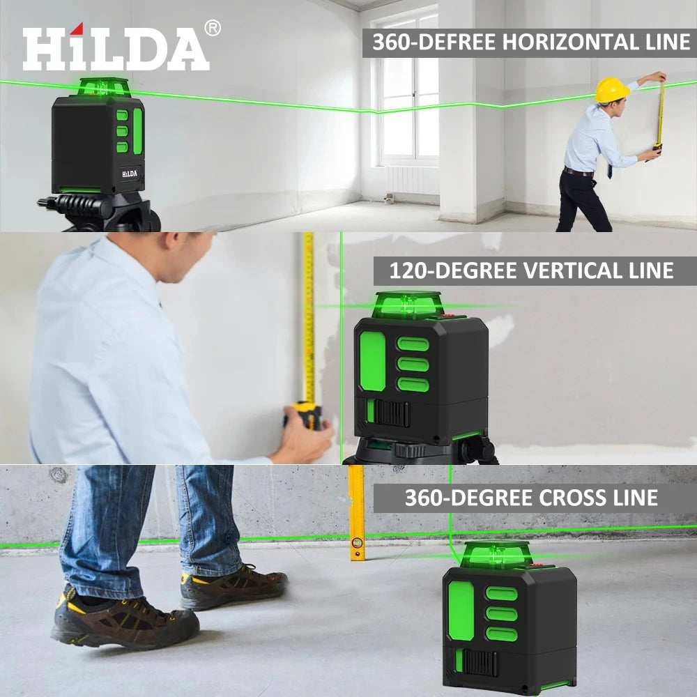 HILDA 2/5 Lines 360 Automatic Leveling Level Construction Tool Equipment Green Light Cross Laser Level